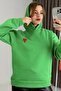 Green Three-Thread Embroidered Fabric Hooded Comfortable Fit Sweatshirt with Heart Embroidery Detail - 4