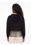 Black Knitted Fabric Hooded Collar Low Shoulder Wide Cut Sweatshirt with Rope Fringe Detail - 3