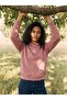 Pink Three-Threaded Ribbed Long Sleeve Comfortable Fit Hooded Sweatshirt with Kangaroo Pocket
