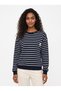 Navy Blue Three-Thread Non-Embellished Fabric Crew Neck Low Shoulder Striped Detailed Sweatshirt - 2