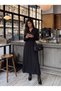Black Stretch Fabric Shirt Collar Gathered Waist Relaxed Fit Modern Detailed Long Dress