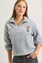 Gray Welsoft Soft Textured Stand Collar Comfortable Cut Sweatshirt with Chest Embroidery and Half Zipper Detail - 4