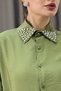 Khaki Woven Ayrobin Fabric Shirt Collar Relaxed Fit Stone Embroidery Detailed Buttoned Shirt - 3