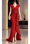 Women's Red Crepe Fabric Double Breasted Collar Skirt Flounced Evening Dress Graduation Wedding Dress