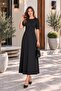 Women's Black Long Dress Half Sleeve Crew Neck - 2