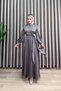 Ni̇hal Elbi̇se Kraş Satin Fabric in Vision Color with Balloon Sleeves, Tie-Up Accessories, Detailed Neckline, Long Stylish Hijab Evening Dress. - 3