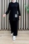 Ecrin Takim Crystal Fabric Women's Black Shiny Patterned Two-Piece Casual Set with Pants - 4