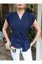 Linda Fabric Double Breasted Collared Blouse — Navy Blue - 5