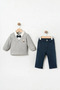 Baby Boy Thessaloniki Knitted Bow Tie Shirt with Collar and Rabbit Detail Pants 2-Piece Set - 3