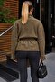 Women's Khaki Suede Textured Belted Oversize Premium Coat - 3