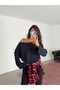 Off-Shoulder Wide Sleeve Blouse - Navy Blue - 3