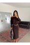 Elastic Waist Bat Sleeve Dress - Brown - 5