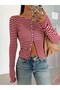 Buttoned Striped Blouse - Red - 4