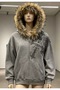 Gray Melange Skullhead Hooded Sweatshirt with Fur Collar - 3