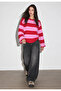 Women's Navy Blue Red Striped Crew Neck Oversize Sweatshirt - 3
