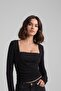 Square Neck Gathered Black Long Sleeve Blouse - 2