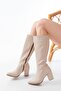 Zri̇n-44222 Premium Pointed Toe Beige Heeled Zippered Boots - 3