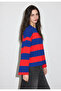Women's Navy Blue Red Striped Crew Neck Oversize Sweatshirt - 6