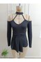 Women's off-the-shoulder mock neck long sleeve v-neck pleated viscose blouse - 4