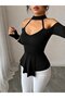 Women's off-the-shoulder mock neck long sleeve v-neck pleated viscose blouse - 2
