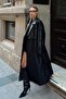 Black Oversize Belted Double-Breasted Women's Leather Trench Coat - 2