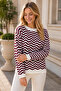Women's Crew Neck Long Sleeve Wave Patterned Soft Stylish Trendy Burgundy White Knitwear Sweater - 2