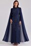 Exclusive Hijab Evening Dress with Bead and Pearl Patterned Cape Detail Dark Blue 1114-Y