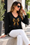 Women's V-Neck Long Sleeve Patterned Stylish Single Jersey Blouse - 3