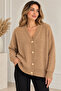 Women's Camel Hair Gold Buttoned V-Neck Soft Textured Oversize Knitwear Cardigan
