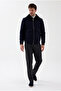 Bergamo Men's Navy Blue Zippered Skirted Coat with Ribbed Collar and Fur Trim, Slim Fit Short Cashmere Coat - 6
