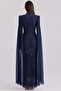Exclusive Hijab Evening Dress with Bead and Pearl Patterned Cape Detail Dark Blue 1114-Y - 6