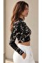 Women's Black Marble Pattern Stand Collar Long Sleeve Viscose Fabric Crop Blouse - 8
