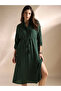 Green Textured A-Line Midi Dress with 3/4 Sleeves and Drawstring Waist - 6