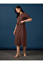 Brown Textured A-Line Midi Dress with Belt - Short Sleeves - 2
