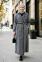 Women's Belted Buttoned Pocketed Gray Trench Coat - 2