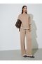 Tan Relaxed Knit Top with Contrast Trim - 2
