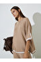 Tan Relaxed Knit Top with Contrast Trim
