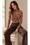 Women's Coffee Cream Patterned High Neck Long Sleeve Cropped Blouse - 3
