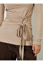 Khaki Solid Gathered Waist Long Sleeves Knit Top - 3