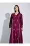 Burgundy Long Sleeves V-Neck Maxi Jalabiya with Gold Tone Print - 2