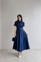 Nil Navy Blue Flared Skirt Short Sleeve Midi Length Satin Evening Dress - 2