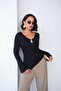 Women's Black Metal Buckle V-Neck Gathered Asymmetrical Long Sleeve Blouse - 2