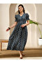 Navy Blue Geometric Print Smocked Maxi Dress with Puff Sleeves - 6