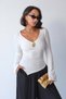 Women's Ecru Metal Buckle V-Neck Gathered Asymmetrical Long Sleeve Blouse