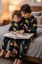 Dinosaur Patterned Black Long Sleeve Boy's Pajama Set - 6