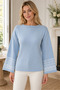 Women's Long Sleeve Round-Neck Ethnic Geometric Patterned Elegant and Stylish Casual Soft Trendy Baby Blue Knit Sweater - 7