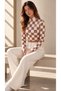 Women's Ecru Brown Checkerboard Pattern Stand Collar Long Sleeve Viscose Fabric Cropped Blouse