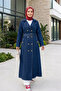Women's Belted Buttoned Pocketed Dark Blue Trench Coat