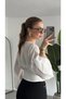 Women's White V-Neck Balloon Sleeve Corsage Detailed Buttoned Crop Blouse - 4