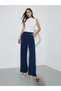 Dark Blue Solid button Details Wide Leg Trousers - 2